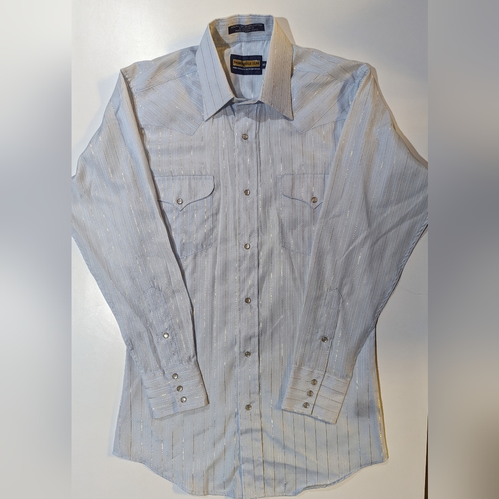 VINTAGE Panhandle Slim Long Sleeve Pearl Snap Baby Blue W/ Gold 14.5-33